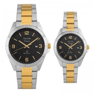 Alexandre Christie AC 1016 Silver Gold Black Steel Couple